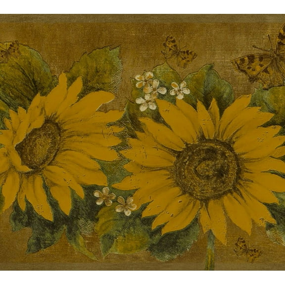 Dundee Deco Peel and Stick Self Adhesive Wallpaper Border - Floral Yellow, Mustard Sunflowers, Butterflies, 15 ft x 7 in