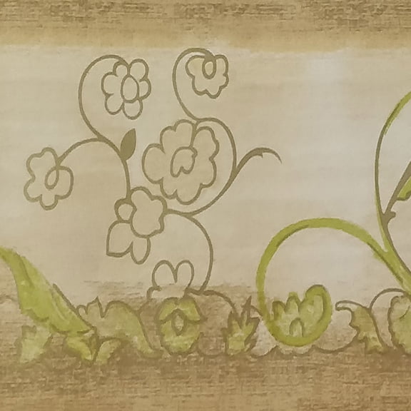 Dundee Deco Peel and Stick Self Adhesive Wallpaper Border - Green Flowers Vines Damask Beige, 33 ft x 4 in