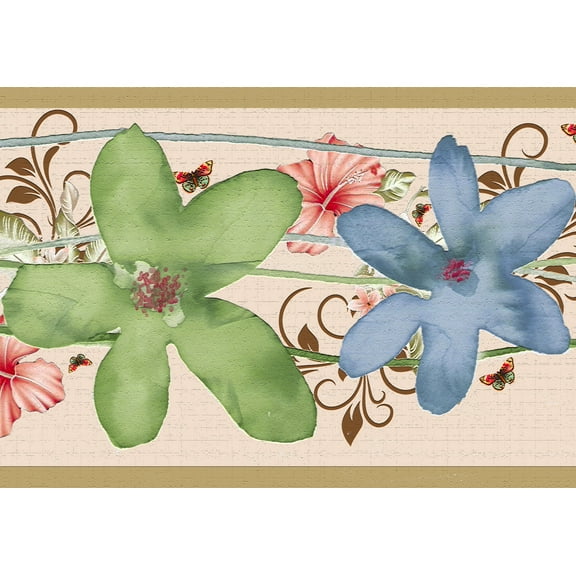 Dundee Deco Peel and Stick Self Adhesive Wallpaper Border - Kids Blue, Pink Flowers, Butterflies, 15 ft x 7 in