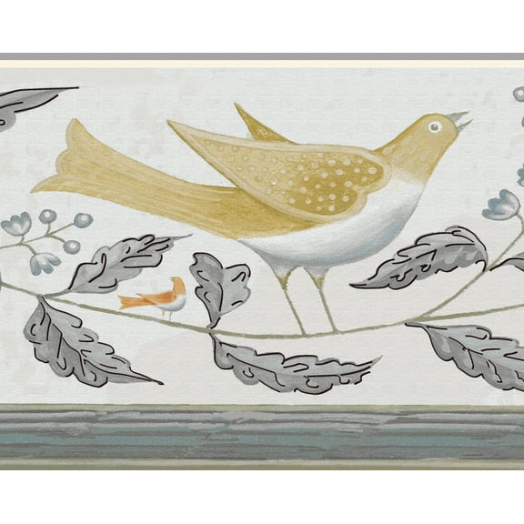 Dundee Deco Peel and Stick Self Adhesive Wallpaper Border - Kids Mustard Yellow Birds on Vine, 15 ft x 7 in