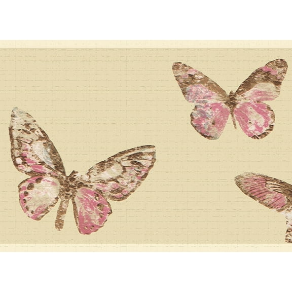 Dundee Deco Peel and Stick Self Adhesive Wallpaper Border - Nature Pink, Brown Butterflies, 15 ft x 7 in
