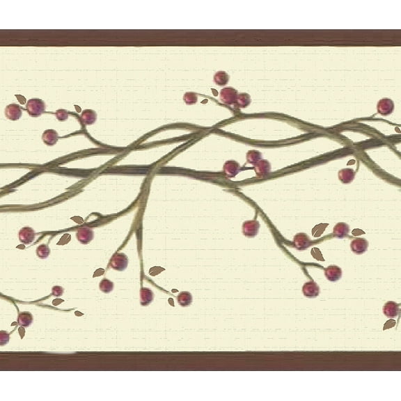 Dundee Deco Peel and Stick Self Adhesive Wallpaper Border - Red, Beige Winterberries on Vine, 15 ft x 7 in