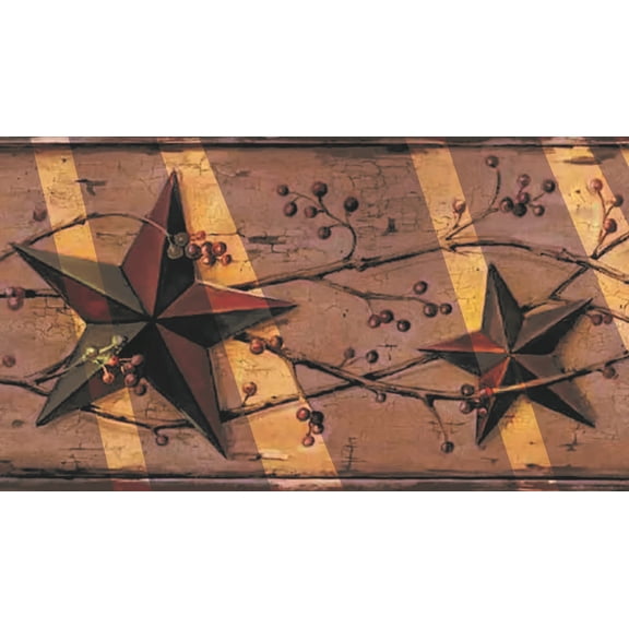 Dundee Deco Peel and Stick Self Adhesive Wallpaper Border - Retro Brown, Yellow Tin Stars, 15 ft x 7 in