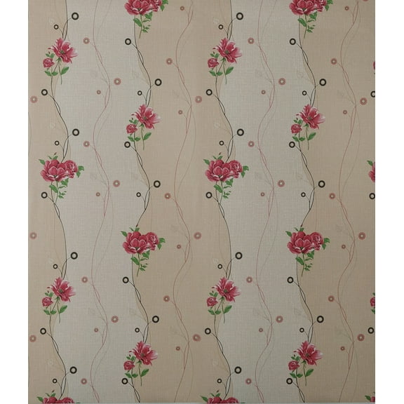Dundee Deco Peel and Stick Self Adhesive Wallpaper Roll - Floral Beige, Sepia, Pink Flowers on Vine, 18 ft x 18 in