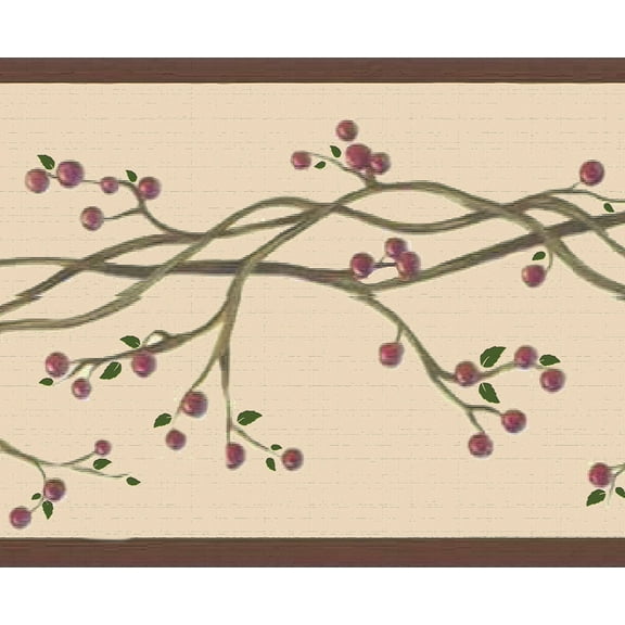 Dundee Deco Peel and Stick Wallpaper Border - Retro Red, Sepia Winterberries on Vine, 15 ft x 7 in