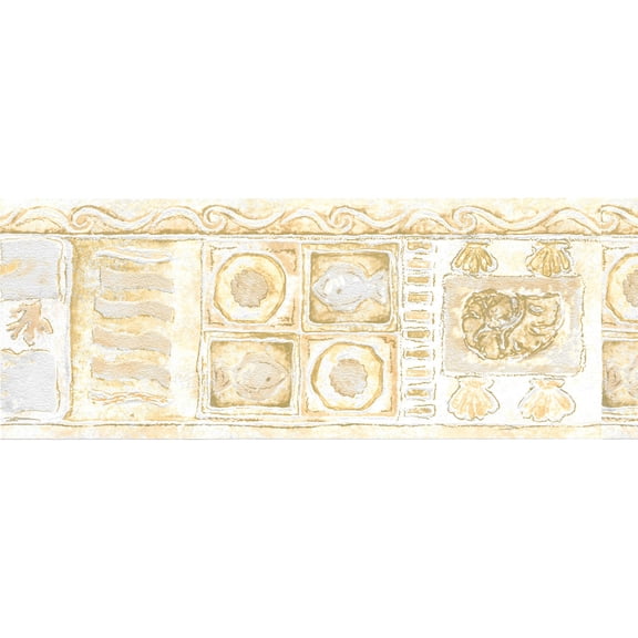 Dundee Deco Prepasted Wallpaper Border - Abstract Yellow, Green Seafood Plates, 15 ft x 5.25 in