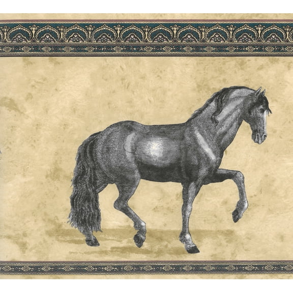 Dundee Deco Prepasted Wallpaper Border - Animal Beige, Black Horses, 15 ft x 10.24 in