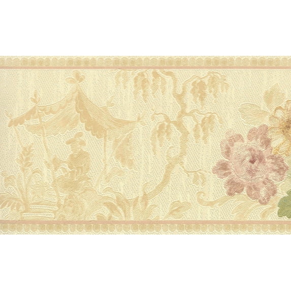 Dundee Deco Prepasted Wallpaper Border - Floral Beige, Green, Gold Blooming Roses, Mirage, 15 ft x 5.25 in