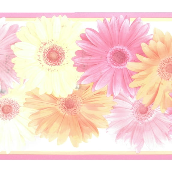 Dundee Deco Prepasted Wallpaper Border - Floral Pink, Beige, Orange Daisies, 15 ft x 8 in