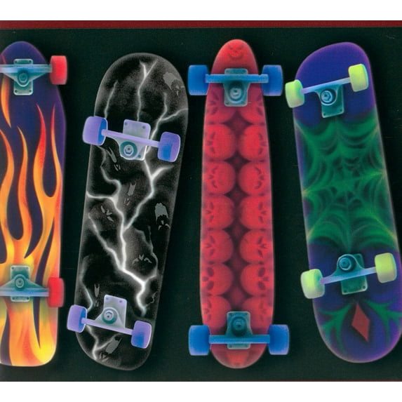 Dundee Deco Prepasted Wallpaper Border - Kids Blue, Black, Purple, Green Skateboards, 15 ft x 8 in