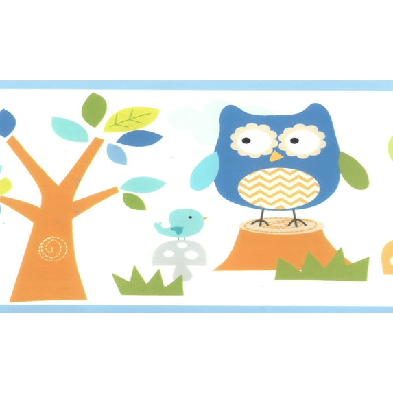 Dundee Deco Prepasted Wallpaper Border - Kids Blue, Gray, Green, Orange Bunny, Owl, Fox, Deer, 15 ft x 6 in
