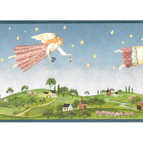 Dundee Deco Prepasted Wallpaper Border - Kids Blue, Green, Brown, Yellow Flying Angels, 15 ft x 9 in