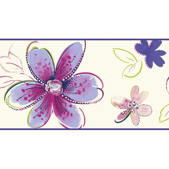 Dundee Deco Prepasted Wallpaper Border - Kids Floral Lilac, Green, White, Silver, 15 ft x 6.75 in