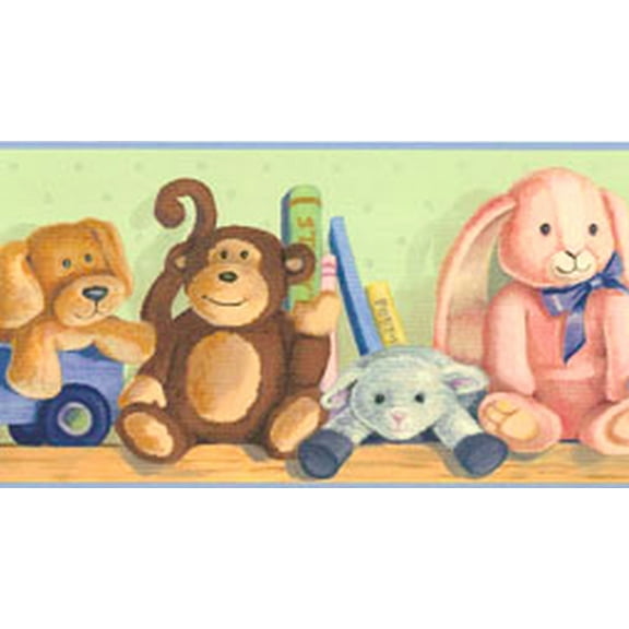 Dundee Deco Prepasted Wallpaper Border - Kids Green, Blue, Brown Plush Toy Animals, 15 ft x 7.5 in