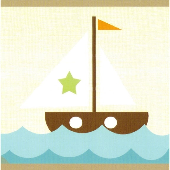 Dundee Deco Prepasted Wallpaper Border - Kids Orange, Teal Sailboat, Sea, Lighthouse, 15 ft x 6 in