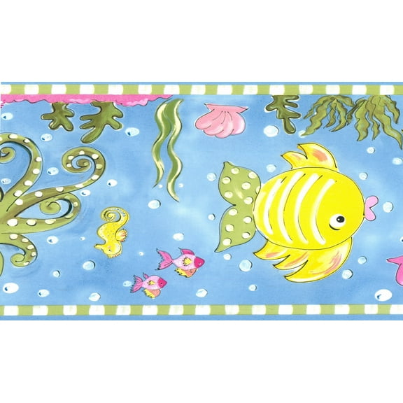 Dundee Deco Prepasted Wallpaper Border - Kids Pink, Green, Cobalt Blue Fish, Seahorse, Jellyfish, Octopus, 15 ft x 6 in