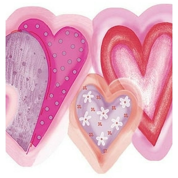 Dundee Deco Prepasted Wallpaper Border - Kids Pink, Purple, Red Hearts Scalloped, 15 ft x 6 in