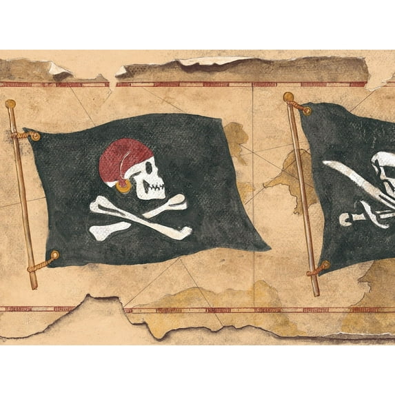 Dundee Deco Prepasted Wallpaper Border - Kids Pirate Brown, Black, Beige, 15 ft x 9 in