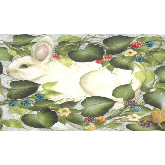 Dundee Deco Prepasted Wallpaper Border - Nature White, Brown Bunnies, Rabbits, 15 ft x 10.25 in