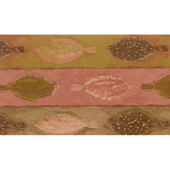 Dundee Deco Prepasted Wallpaper Border - Nautical Gold, Pink, Brown, Green Fish in Rows Wall Border Retro Design, 15 ft x 7 in (4.57m x 17.78cm)