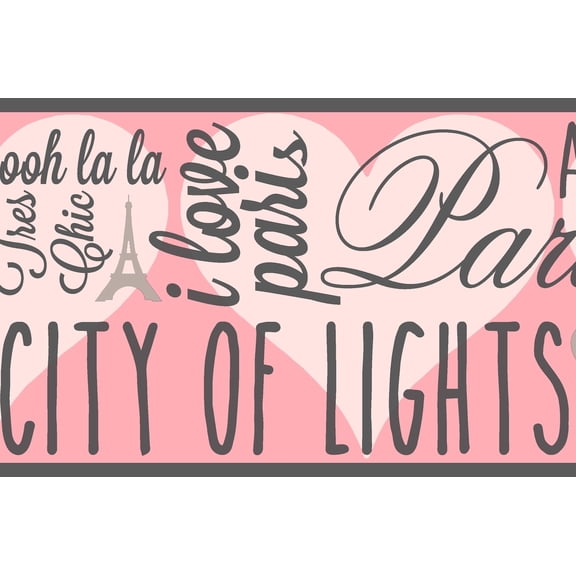 Dundee Deco Prepasted Wallpaper Border - Paris City of Lights Pink, Silver, Grey, Peach, 15 ft x 6.75 in