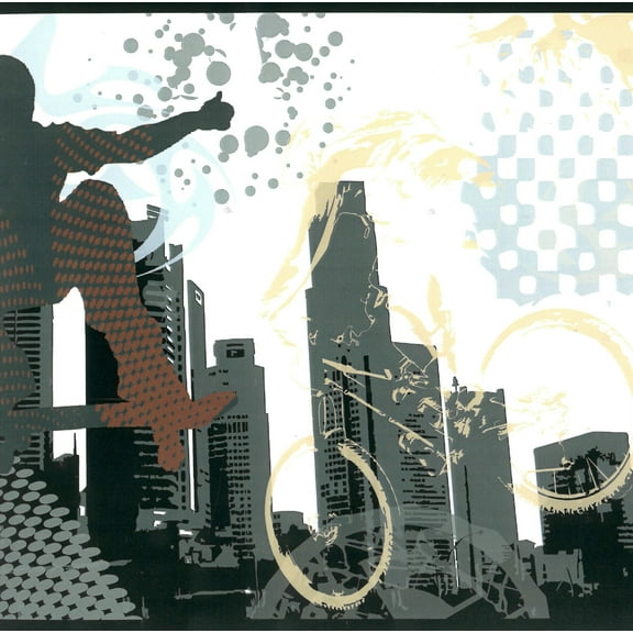Dundee Deco Prepasted Wallpaper Border - Sports Black, Red, Beige Bike, Skateboard, 15 ft x 8.25 in