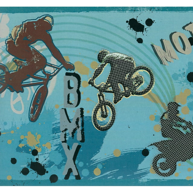 Dundee Deco Prepasted Wallpaper Border - Sports Blue, Green, Yellow Motorcycles, Sport, 15 ft x 8 in