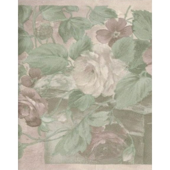 Dundee Deco Prepasted Wallpaper Border - Vintage Brown Green Beige Flowers in Brush Strokes, Scrolls, 15 ft x 7 in