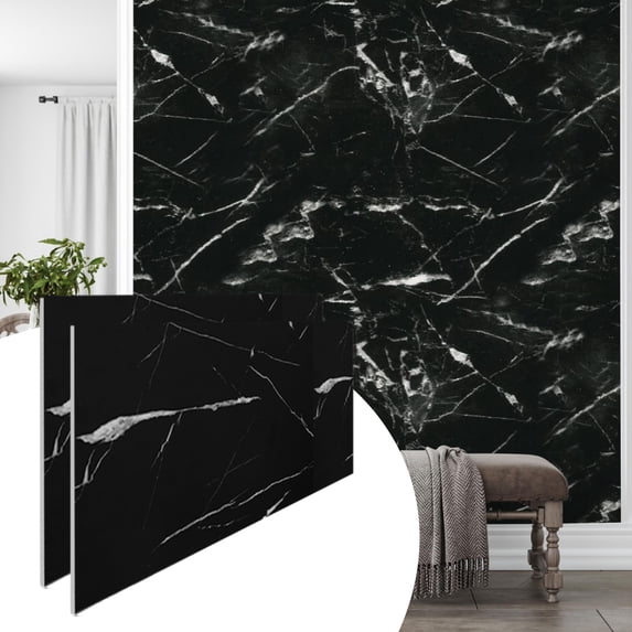 Dundee Deco UV Marble Wall Panels – Perfect for Accent Walls, Bathrooms, Kitchens, and Living Spaces - Black, White Veins - Set of 2, Covers 15.6 sq ft
