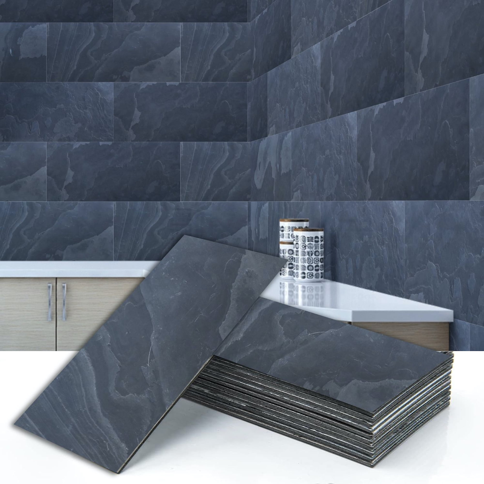 Dundee Deco Veneer Wall Panels, Peel and Stick DIY Slate Stone Finish Tiles for Wall or Backsplash, Made with Real Stone in Black Steel, SAMPLE 6" x 6"
