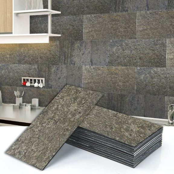 Dundee Deco Veneer Wall Panels, Peel and Stick DIY Slate Stone Finish Tiles for Wall or Backsplash, Made with Real Stone in Golden Patina, SAMPLE 6" x 6"