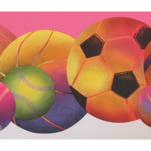Dundee Deco Wallpaper Border - Colorful Football Baseball Soccer Ball Hot Pink Modern, 15 ft x 8.5 in