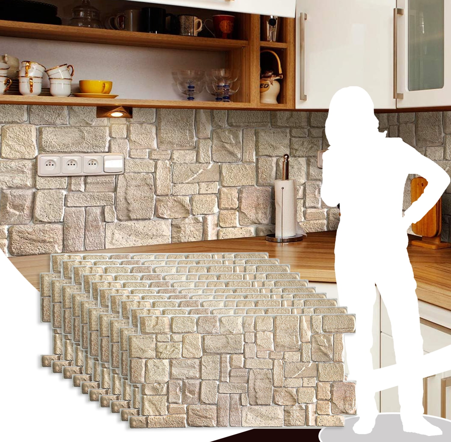 Dundee Deco's Beige Faux Limestone PVC 3D Wall Panel, 3.3 ft X 1.7 ft, Interior Design Wall Paneling Decor Commercial and Residential Application, 5.61 sq. feet each, Pack of 10