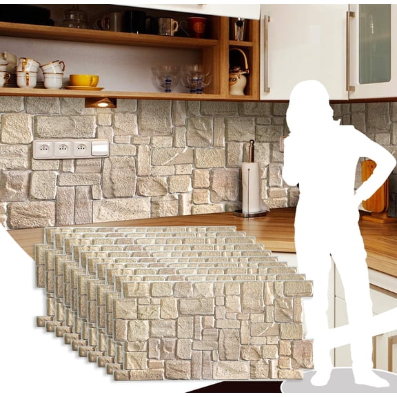 Dundee Deco's Beige Faux Limestone PVC 3D Wall Panel, 3.3 ft X 1.7 ft, Interior Design Wall Paneling Decor Commercial and Residential Application, 5.61 sq. feet each, Pack of 10