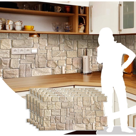 Dundee Deco's Beige Faux Limestone PVC 3D Wall Panel, 3.3 ft X 1.7 ft, Interior Design Wall Paneling Decor Commercial and Residential Application, 5.61 sq. feet each, Pack of 5