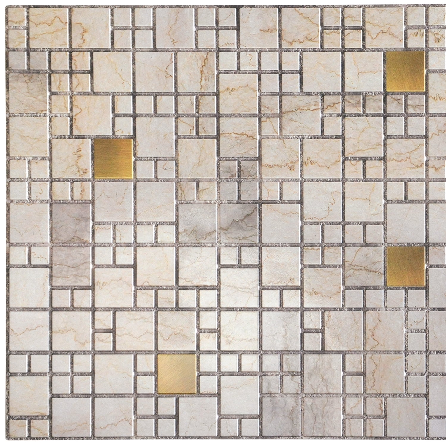 Dundee Deco's Beige Faux Marble with Gold Squares PVC 3D Wall Panel, 3.2 ft X 1.6 ft, Interior Design Wall Paneling Decor Commercial and Residential Application, 5.12 sq. feet each, Pack of 10