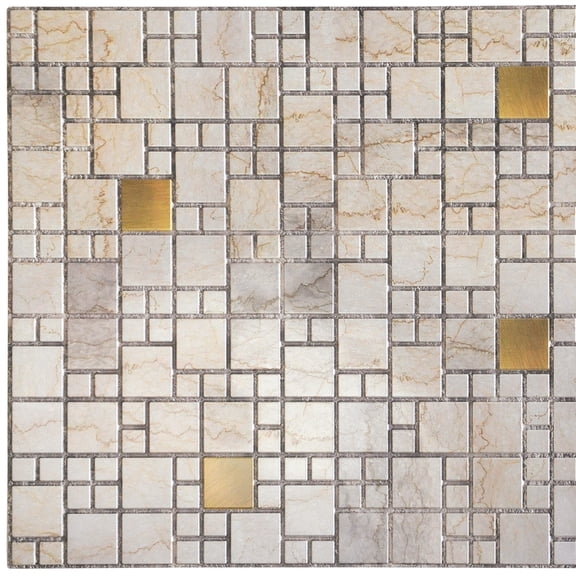 Dundee Deco's Beige Faux Marble with Gold Squares PVC 3D Wall Panel, 3.2 ft X 1.6 ft, Interior Design Wall Paneling Decor Commercial and Residential Application, 5.12 sq. feet each