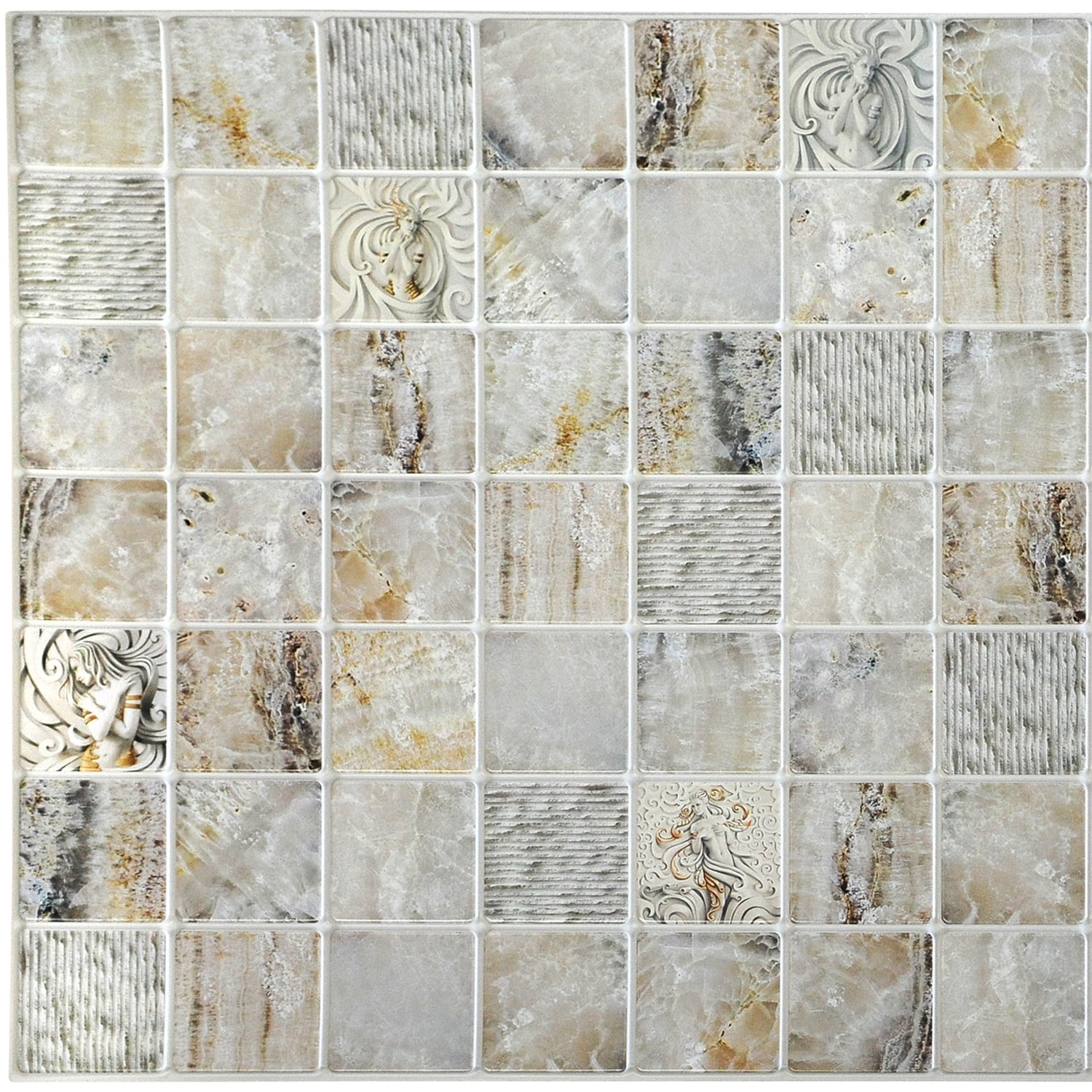 Dundee Deco's Beige Grey Faux Venecian Marble in Squares PVC 3D Wall Panel, 3.2 ft X 1.6 ft, Interior Design Wall Paneling Decor Commercial and Residential Application, 5.12 sq. feet each, Pack of 10