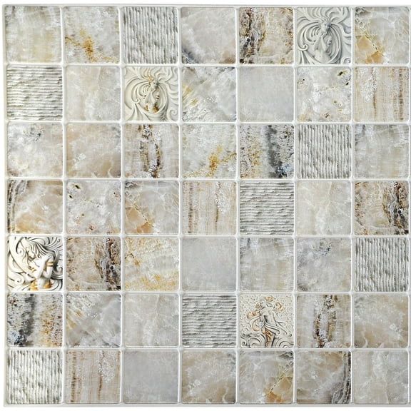 Dundee Deco's Beige Grey Faux Venecian Marble in Squares PVC 3D Wall Panel, 3.2 ft X 1.6 ft, Interior Design Wall Paneling Decor Commercial and Residential Application, 5.12 sq. feet each, Pack of 10