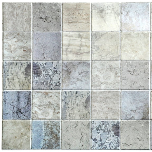 Dundee Deco's Blue Beige Faux Distressed Marble Squares PVC 3D Wall Panel, 3.2 ft X 1.6 ft, Interior Design Wall Paneling Decor Commercial and Residential Application, 5.12 sq. feet each