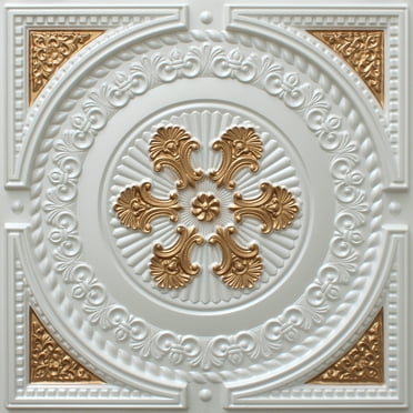 Dundee Deco's Contemporary Pearl White-Gold Damask Glue Up/Drop In Ceiling Panels, 2 ft. X 2 ft. (4 sq ft.) each, Pack of 50