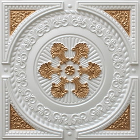 Dundee Deco's Contemporary Pearl White-Gold Damask Glue Up/Drop In Ceiling Panels, 2 ft. X 2 ft. (4 sq ft.) each
