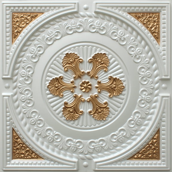 Dundee Deco's Contemporary Pearl White-Gold Damask Glue Up/Drop In Ceiling Panels, 2 ft. X 2 ft. (4 sq ft.) each