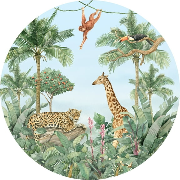 Dundee Deco's Contemporary Yellow Green Beige Jungle Adventure Circular Peel and Stick Wall Mural, 28 in Diameter (4 sq ft.)