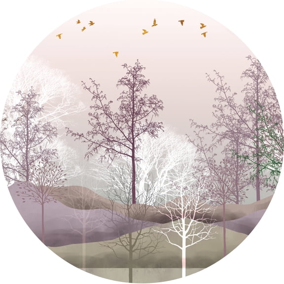 Dundee Deco's Glam White Pink Purple Minimalist Tree Circular Peel and Stick Wall Mural, 28 in Diameter (4 sq ft.)