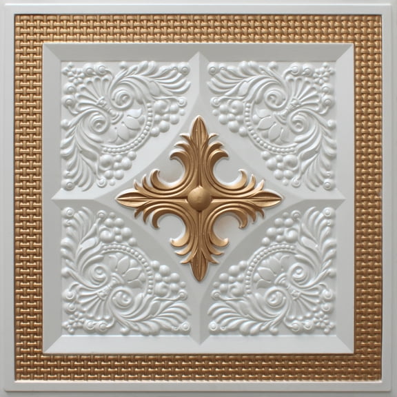 Dundee Deco's Modern Pearl White Gold Floral Glue Up/Drop In Ceiling Panels, 2 ft. X 2 ft. (4 sq ft.) each, Pack of 10