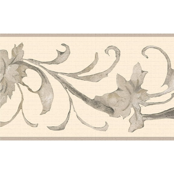 Dundee Deco's Peel and Stick Wallpaper Border - Abstract Cream Beige Damask Vines Wall Border Retro Design, 15 ft x 7 in, Self Adhesive