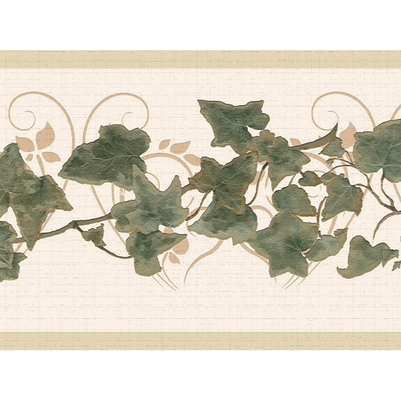 Dundee Deco's Peel and Stick Wallpaper Border - Abstract Green Beige Leaves on a Vine Wall Border Retro Design, 15 ft x 7 in, Self Adhesive