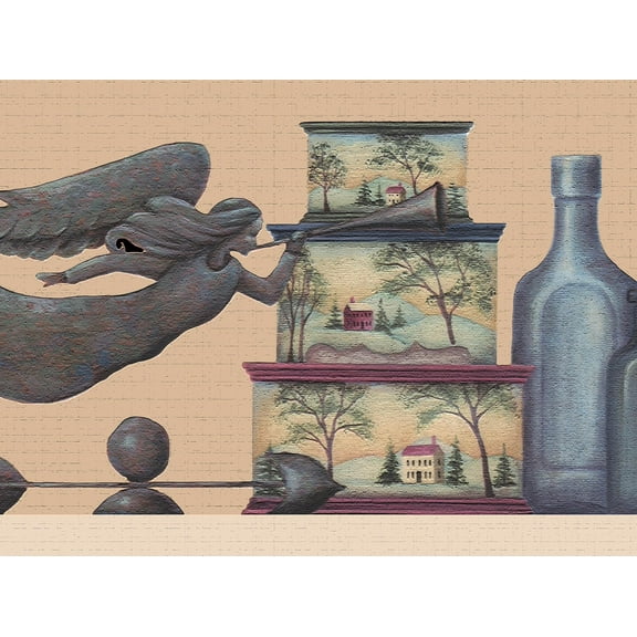 Dundee Deco's Peel and Stick Wallpaper Border - Abstract Grey Maroon Books Bottles Angels Wall Border Retro Design, 15 ft x 7 in, Self Adhesive