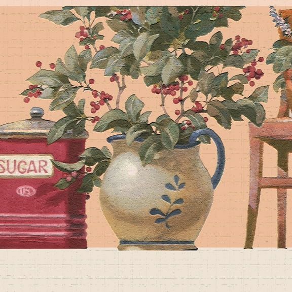 Dundee Deco's Peel and Stick Wallpaper Border - Country Beige Red Green Flowers in Pots Wall Border Retro Design, 15 ft x 7 in, Self Adhesive